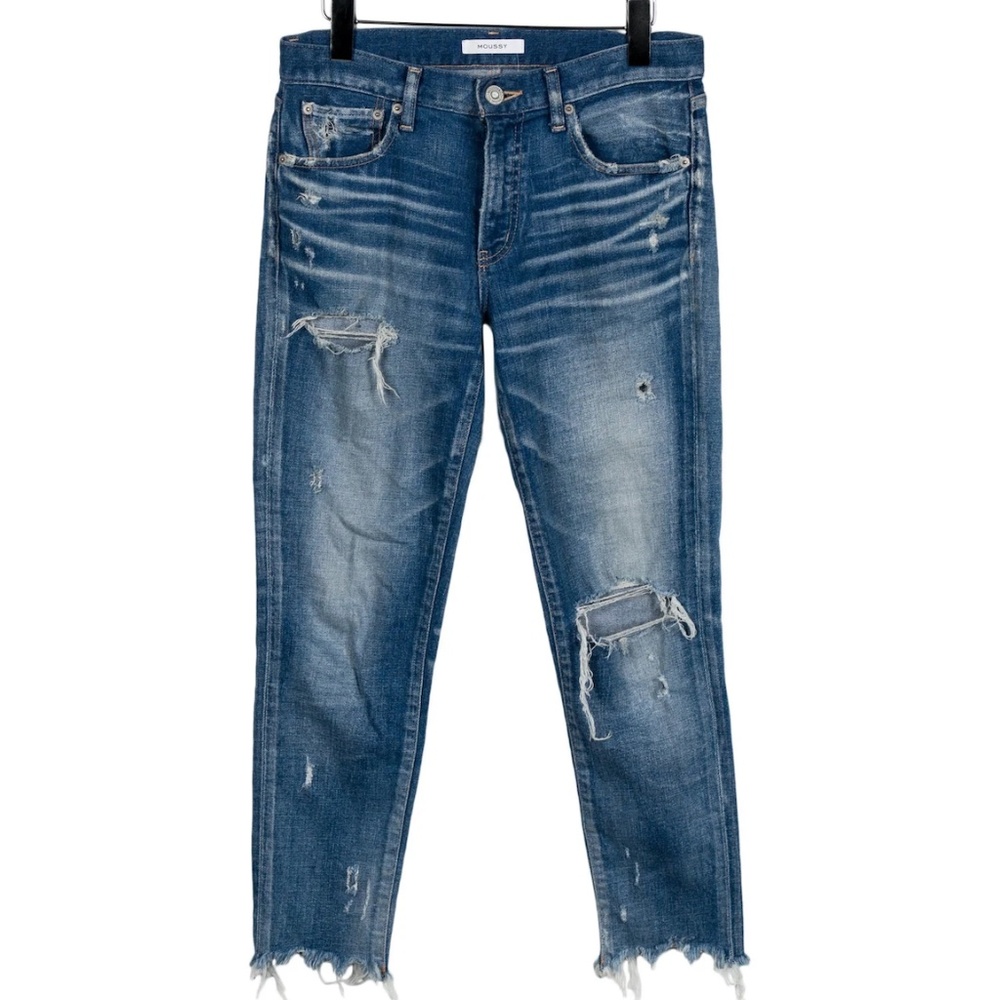 Moussy Mid-Rise Distressed Crop Cuffed Medium Wash Jeans